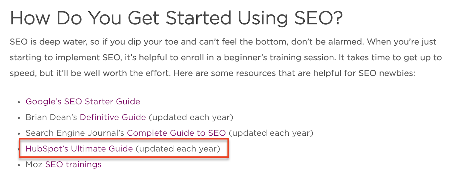 Article on "how to get started using seo" featuring hubspot's ultimate guide to se