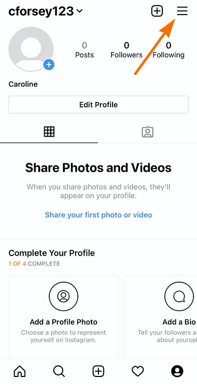 The "Settings" tool on Instagram in top-right