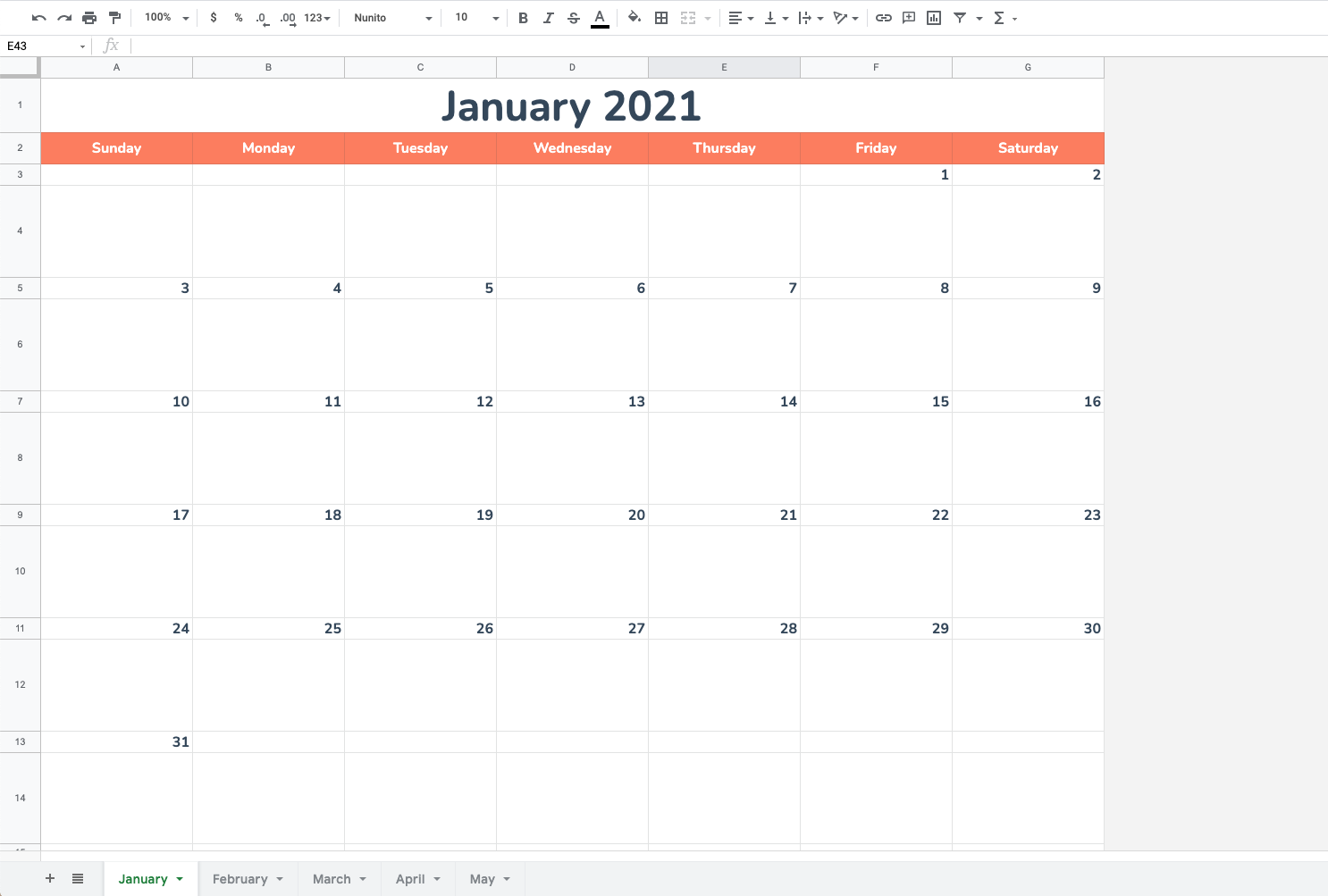 Google Sheets calendar January to May