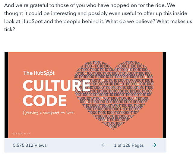 Slideshare presentation blog post example about HubSpot's culture code