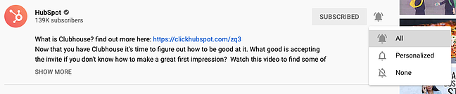 YouTube subscribe to notifications bell underneath a video