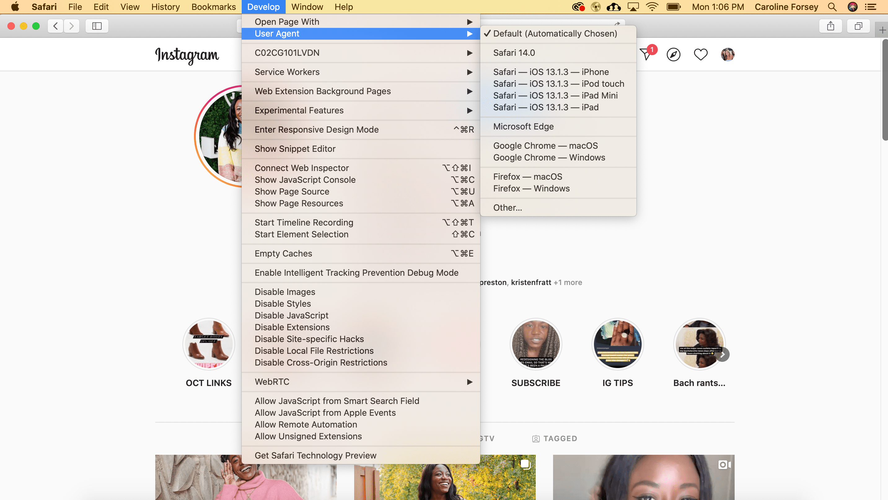 click develop in menu bar, scroll to user agent in safari