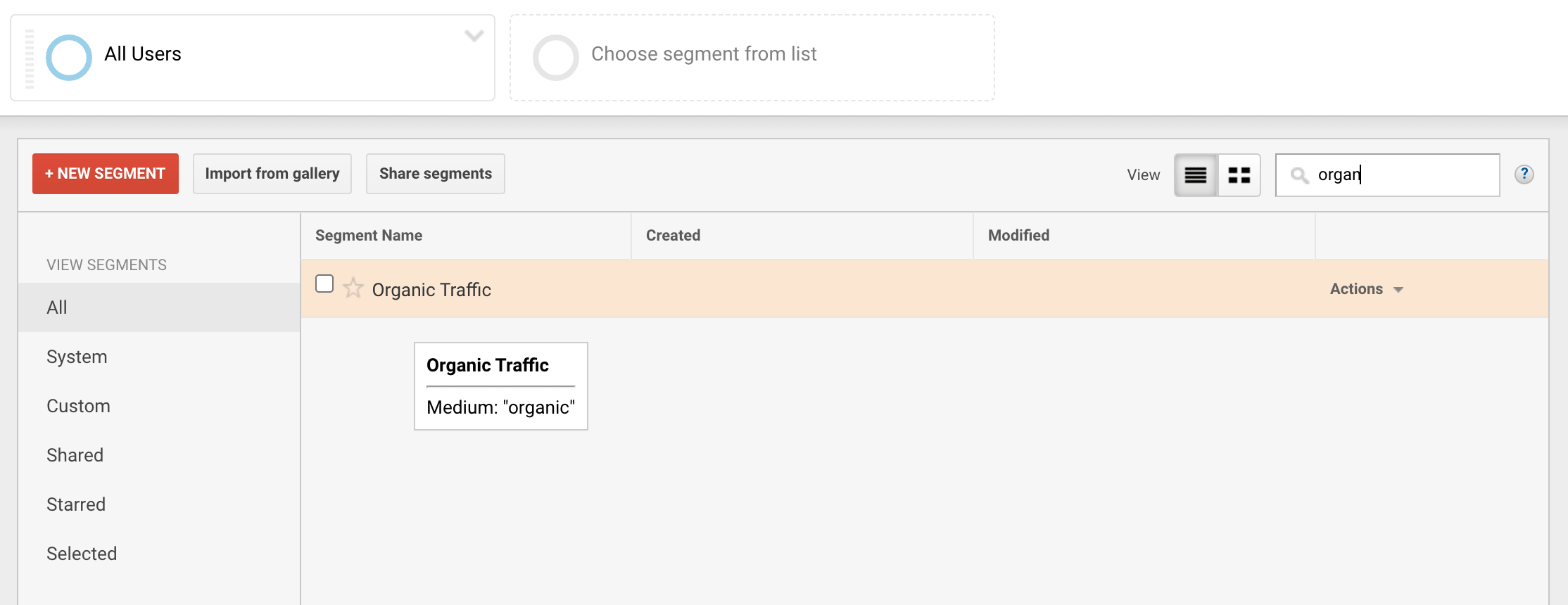 adding an organic traffic segment in GA