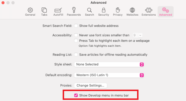 advanced menu in safari