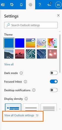 outlook settings menu with "view all outlook settings" highlighted