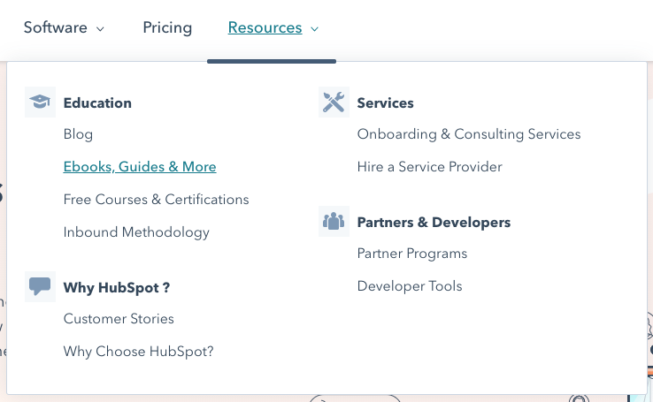 Top level navigation example from HubSpot's home page