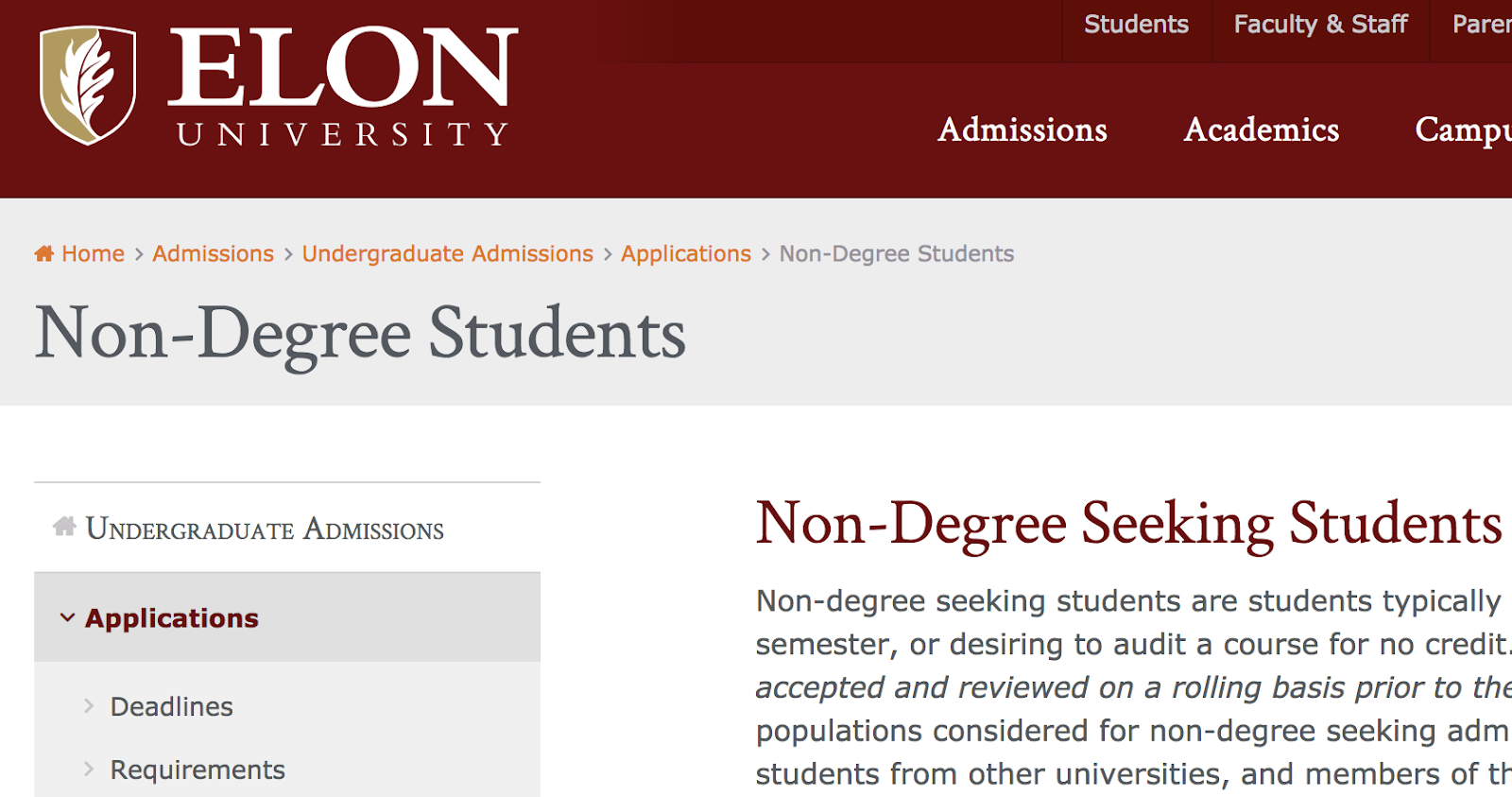 an example of breadcrumb navigation on the elon university website