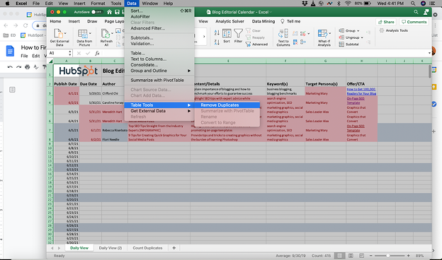 Remove duplicates Excel function.