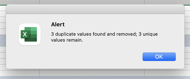 Screenshot of an Alert from Excel.