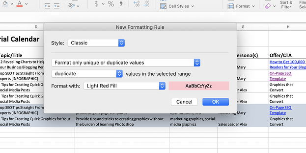 Excel screenshot of formatting rules.