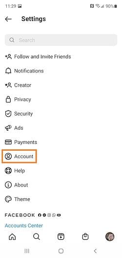 Convert Instagram to Business Profile: Account in the Settings Menu