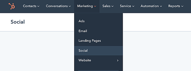 Drop-down menu in CMS Hub leading to social media management tool