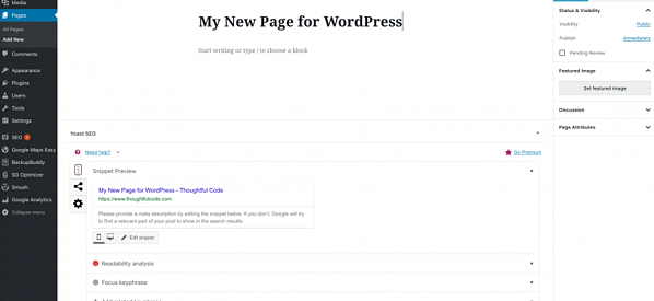 Create new page in WordPress