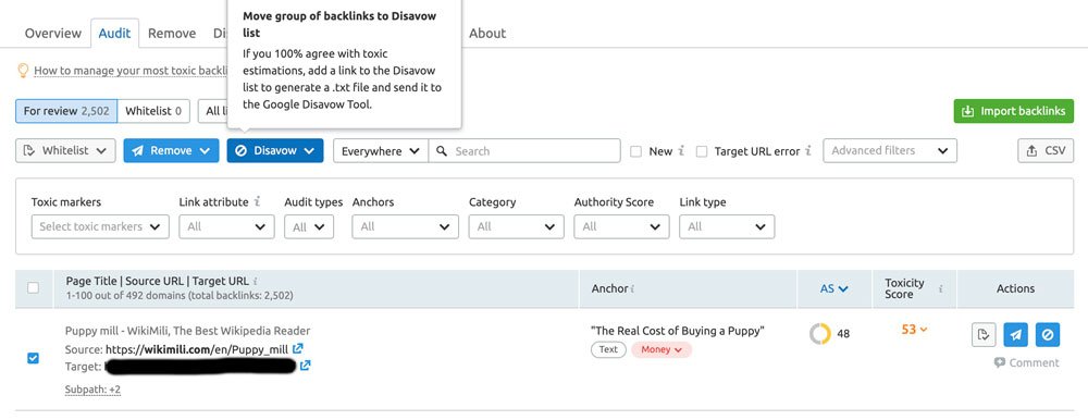 the disavow list on semrush