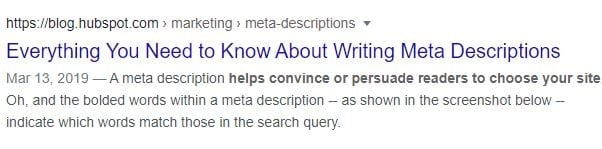 a HubSpot example of meta description on the SERPs