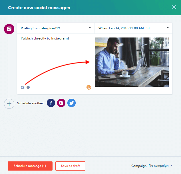 Box to compose a social post for Instagram via HubSpot