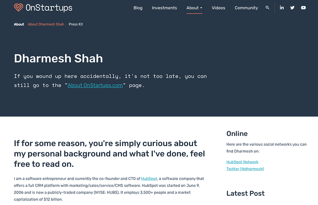 Darmesh Shah's professional background on OnStartups