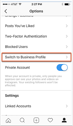 Switch to Business Profile option on Instagram mobile app