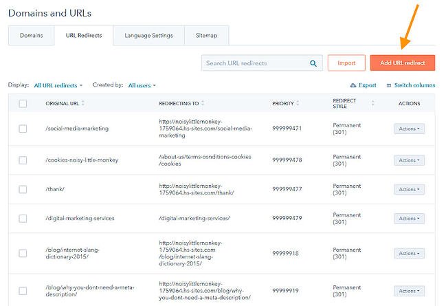 the domains and urls menu for adding a 301 redirect in hubspot