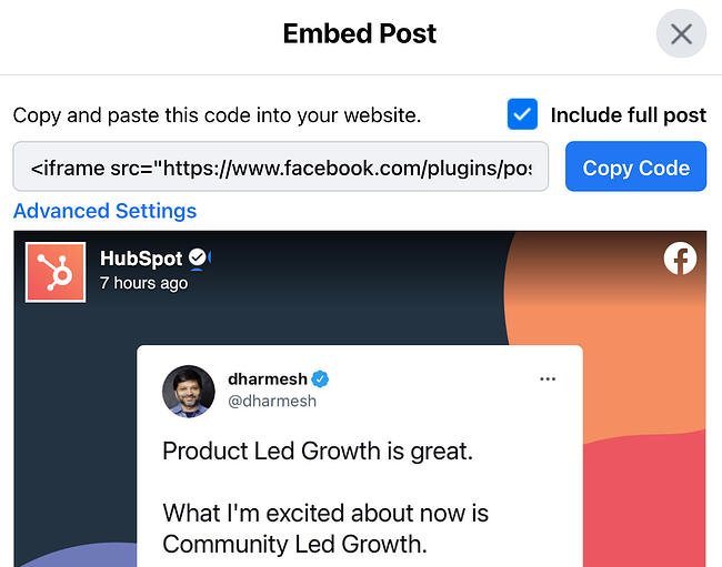 Embed code options on a Facebook post