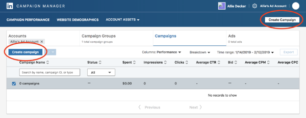 start setting up your campaign in linkedin's ad campaign manager