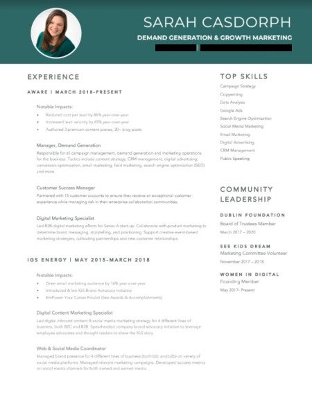 Marketing Resume Example: Sarah Casdorph Page 1