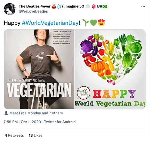 The Beatles 4ever World vegetarian Day Social Media Holiday Tweet