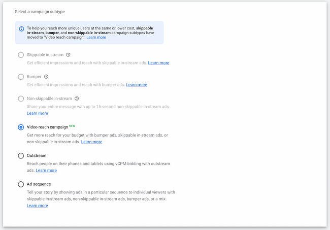 How to advertise on YouTube: Choose a campaign subtype