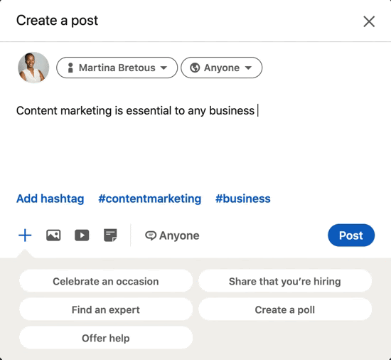 GIF showing how to add LinkedIn hashtag to status update