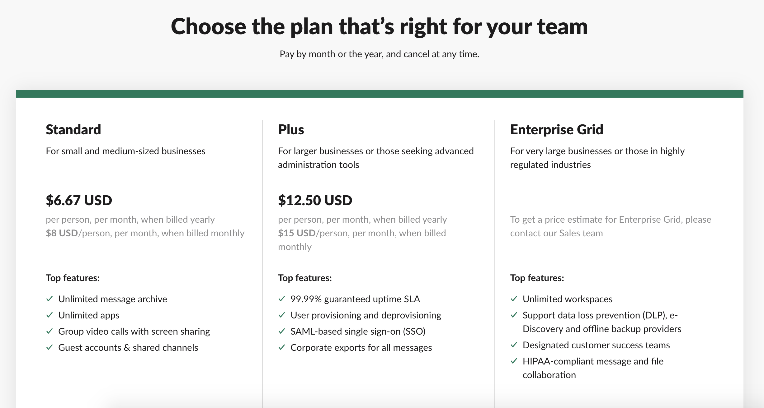 slack plans and pricing