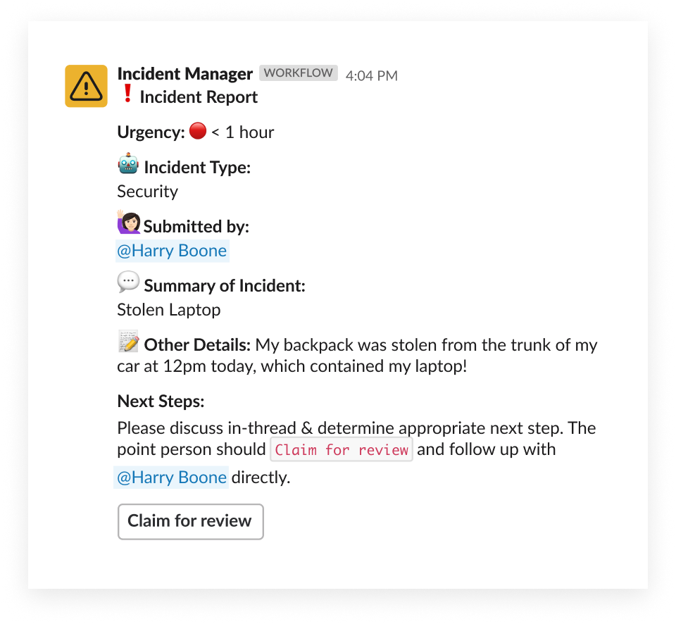 slack workflow builder incident report