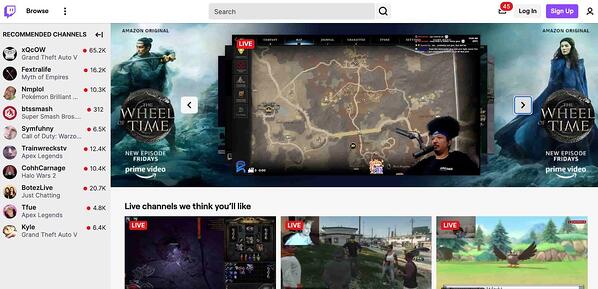 homepage of new social media platform twitch