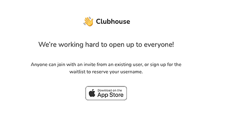 Clubhouse website homepage featuring a yellow wave emoji and App Store download.