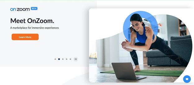 zoom homepage slider marketing message that reads "meet onzoom. a marketplace for immersive experiences."
