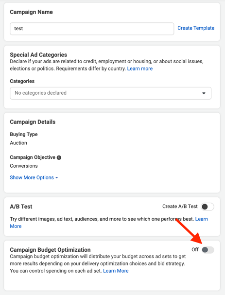 facebook cbo tutorial: campaign budget optimization toggle button