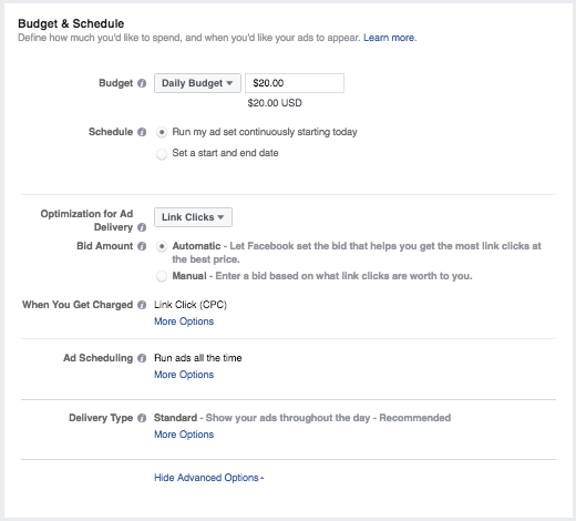 Instagram ads budget and scheduling options.