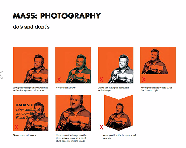 Brand style guide for Jamie Oliver with red tiled images showing photography restrictions