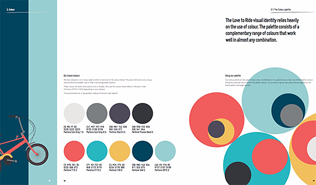 Color palette for Love to Ride with nine cool colors in circular icons