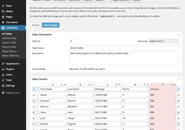 best wordpress plugins for marketers: tablepress