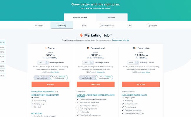 pricing page examples: hubspot