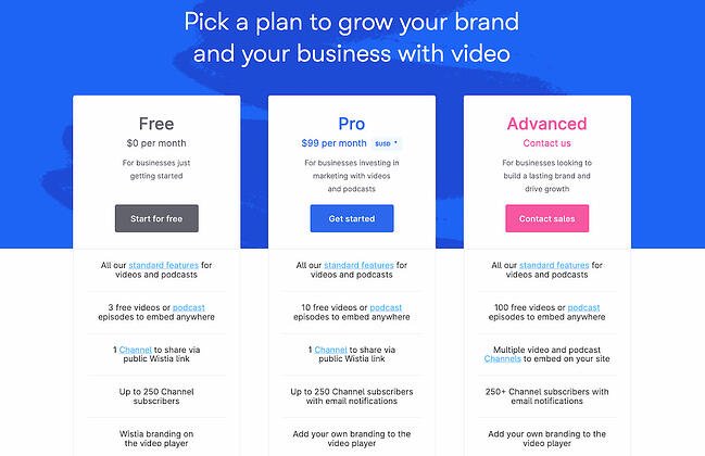 pricing page examples: wistia