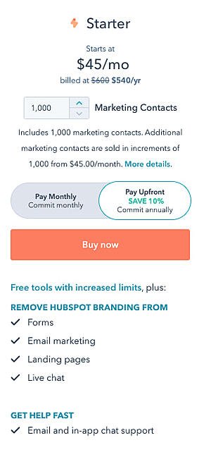 best pricing pages: hubspot marketing hub starter