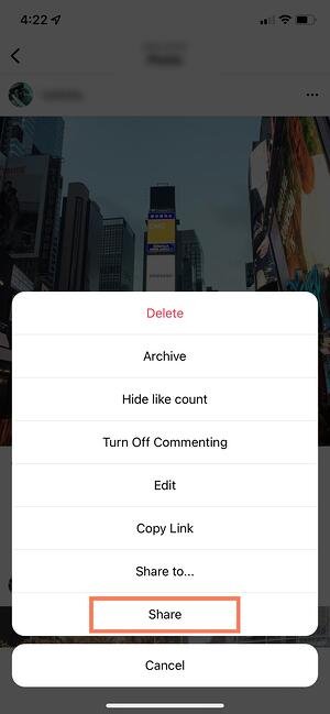 how to link instagram to other social accounts: tap share on the post 