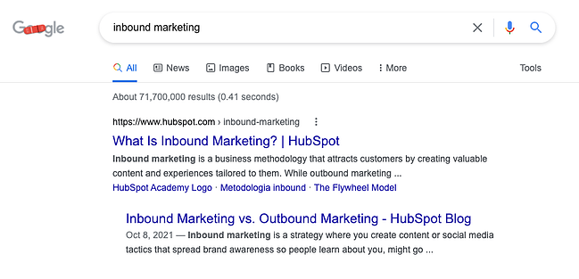 SEO example of HubSpot ranking for "inbound" marketing"