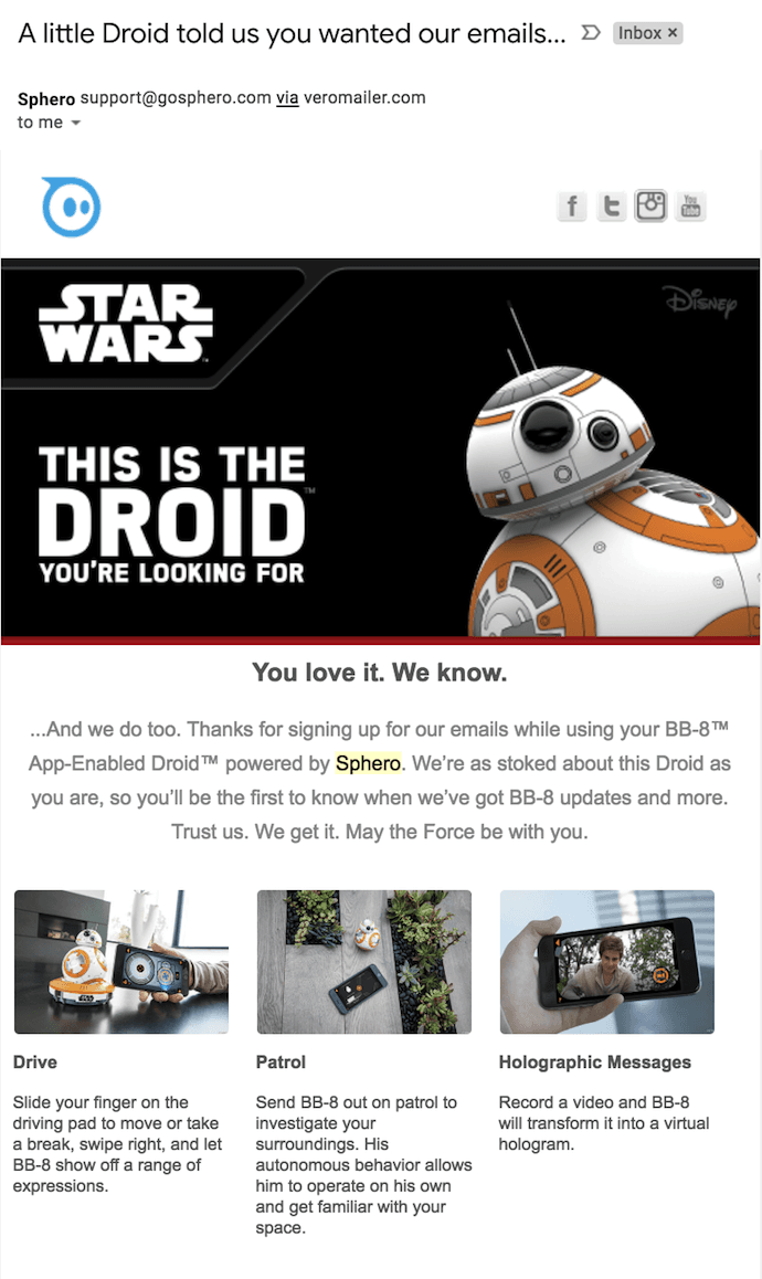 Sphero welcome email with BB-8 Star Wars Droid saying hello