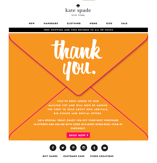 Kate Spade welcome email with orange envelope graphic saying thank you