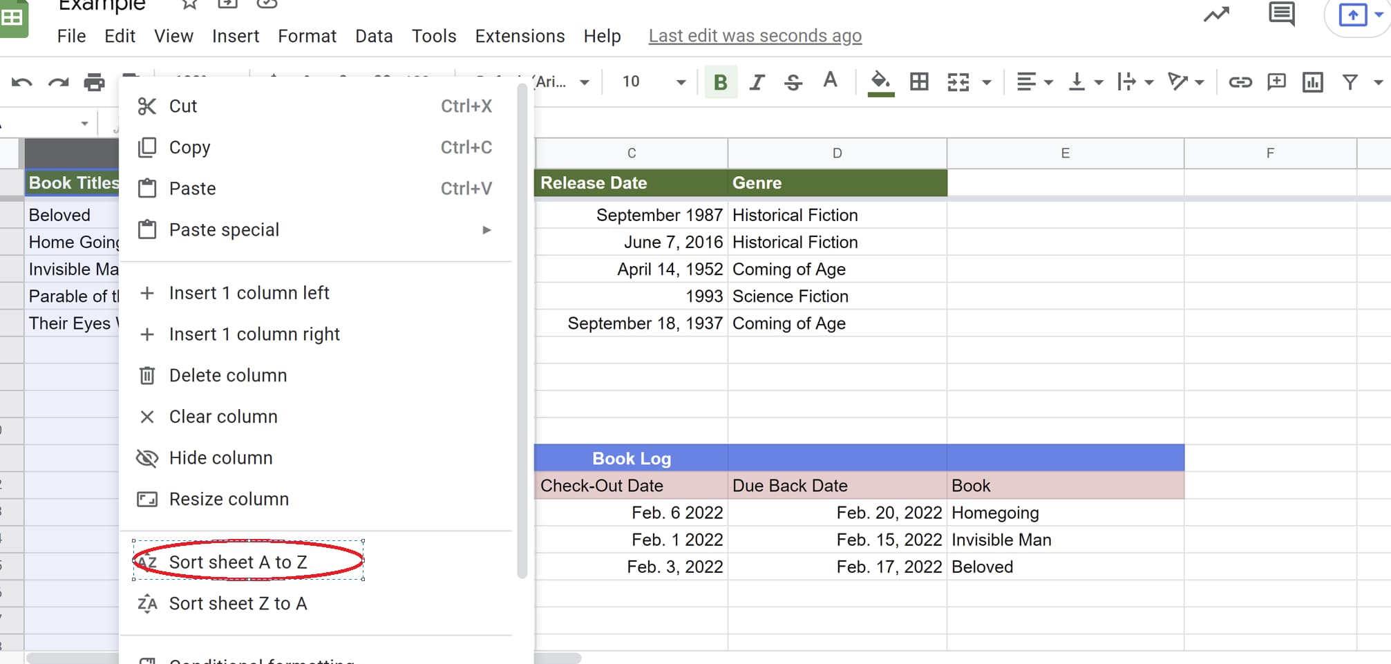 Sort sheet A to Z tab circled