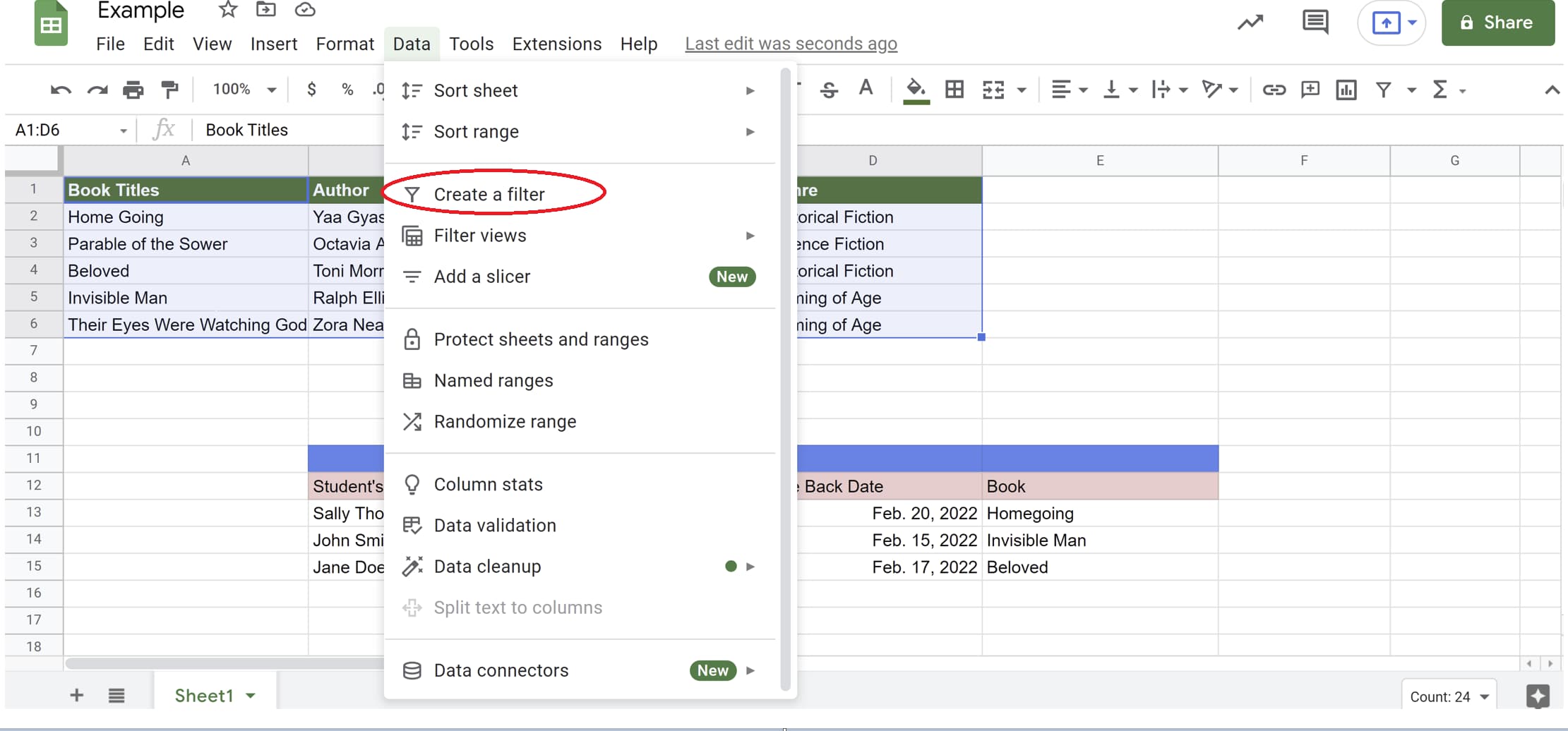 Create a filter tab selected in Google Sheets