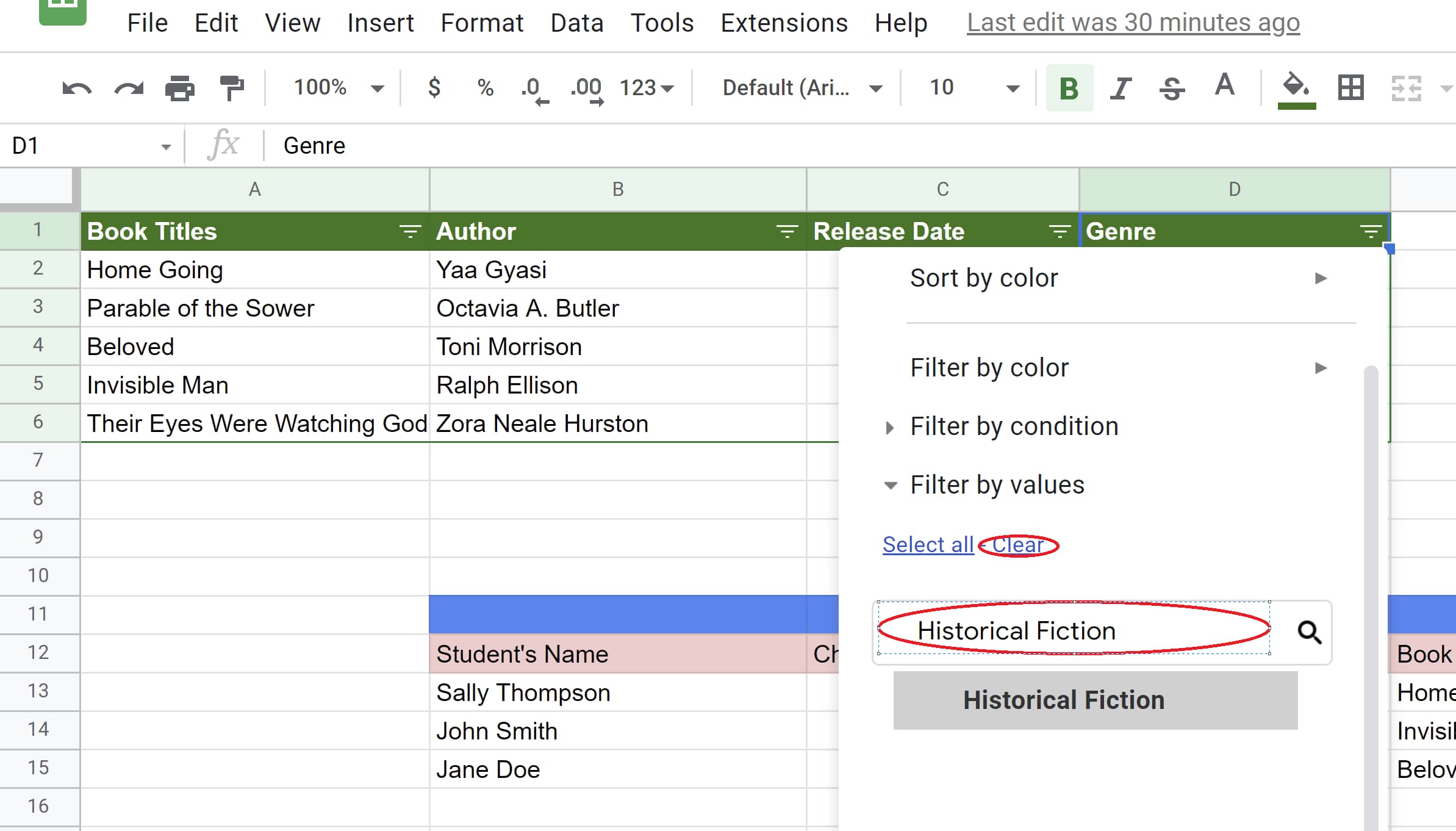 Historical Fiction data value is selected while other values are de-selected in Google Sheets