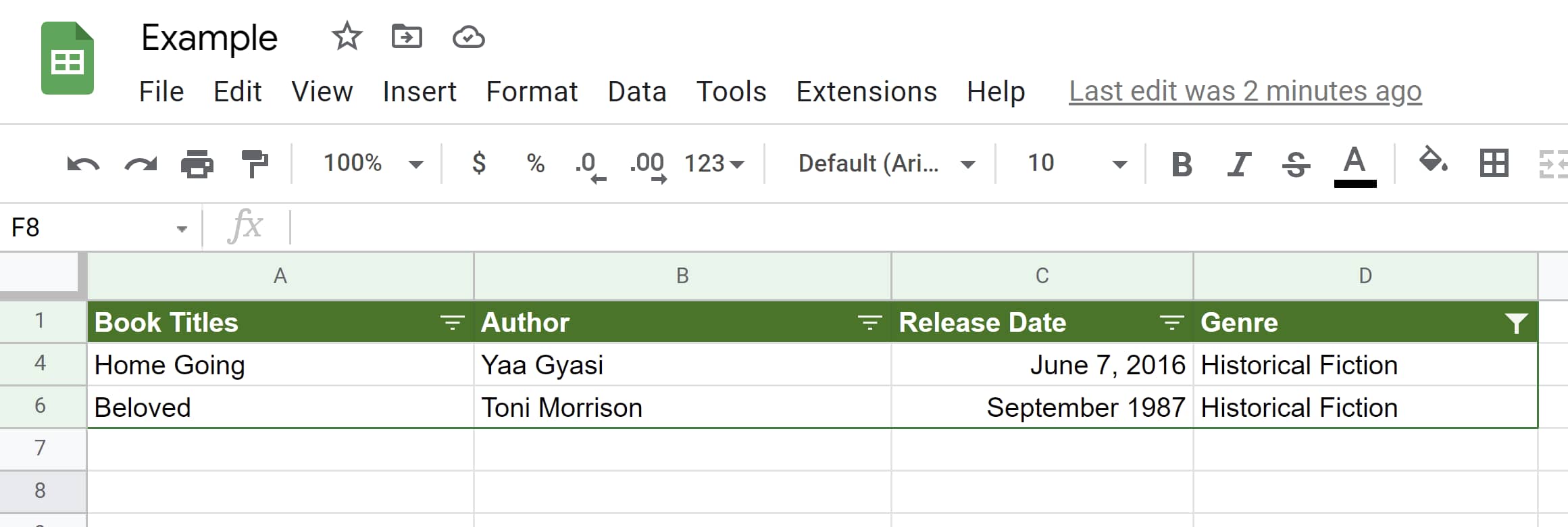 Google Sheets graph filtered to only show historical fiction titles